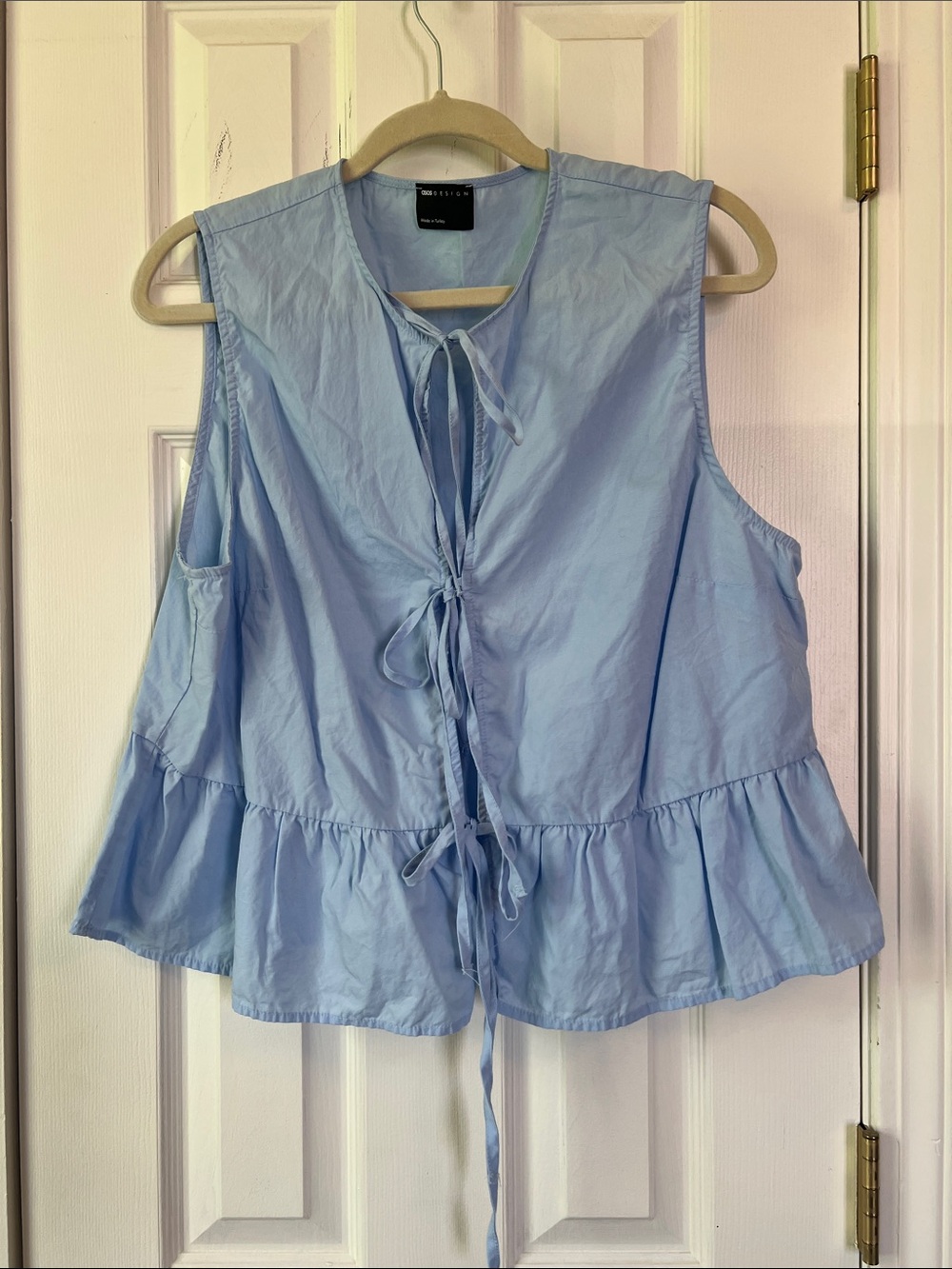 ASOS Light Blue Sleeveless Tie-Front Ruffle Peplum Top
